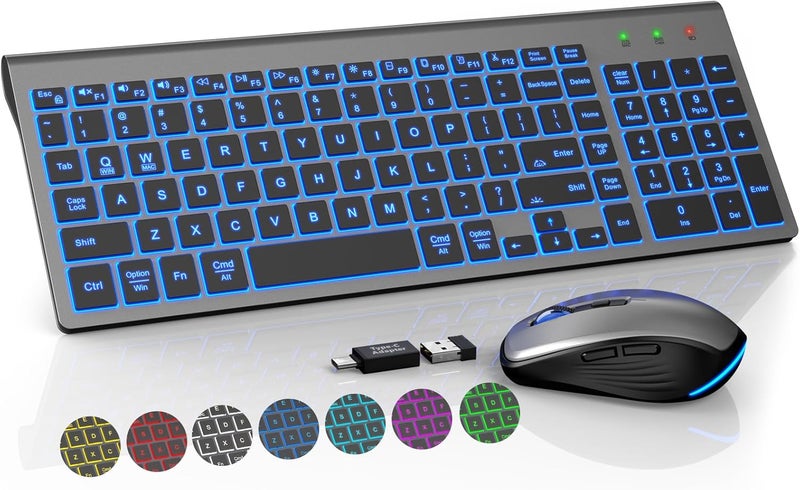 SABLUTE Wireless Keyboard and Mouse Combo Backlit - Compact Quiet Keyboard with RGB Mouse, Rechargeable, Slim, Sleep Mode, Portable Cordless Keyboard Mouse Set for Mac, Windows, Laptop (Space Gray) - Image 1